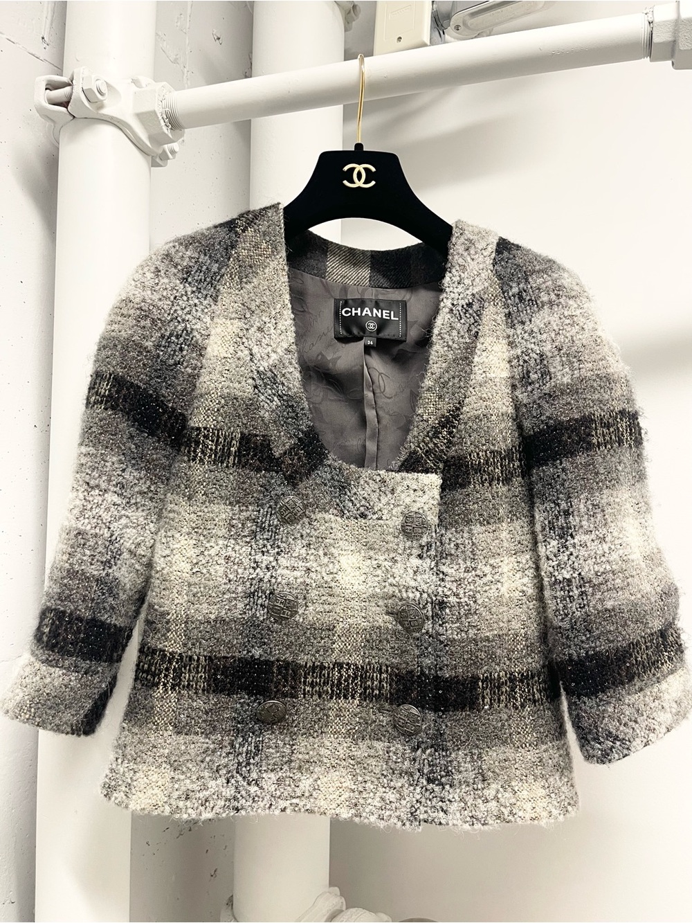 CHANEL Black & Gray Bouclé Plaid Double-Breasted Jacket
